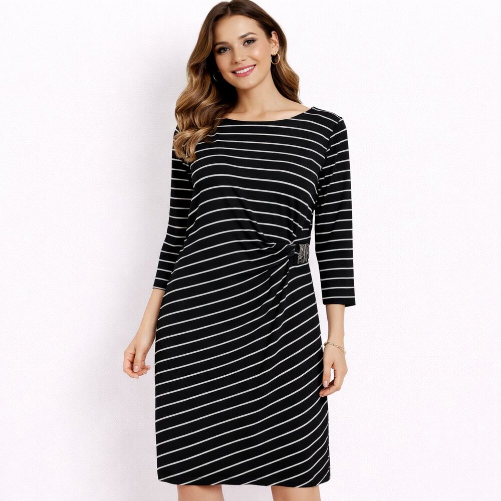 Chico's 1 Women's 12 Dress Black White Stripe Ruched Wiggle Buckle Shift